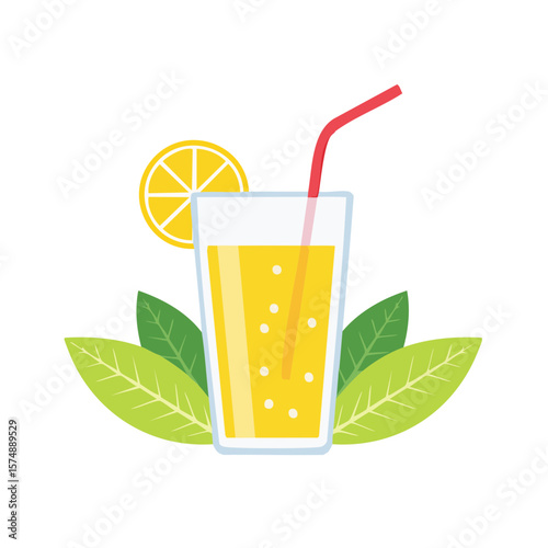 Refreshing lemon juice in a glass with a straw and lemon slice, garnished with green leaves.