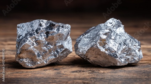 Close-up view of two silver nuggets on a wooden table