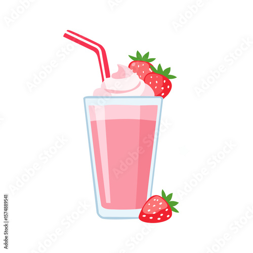A refreshing strawberry smoothie in a clear glass, garnished with fresh strawberries and whipped cream, complete with a striped straw