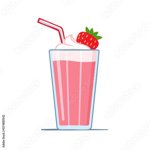 A refreshing strawberry milkshake with whipped cream and a straw, a perfect summer treat. The vibrant colors of the milkshake and its garnish offer visual appeal