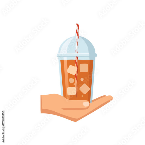 A refreshing drink of iced tea held in hand. The drink is served in a clear plastic cup with a lid and a striped straw.