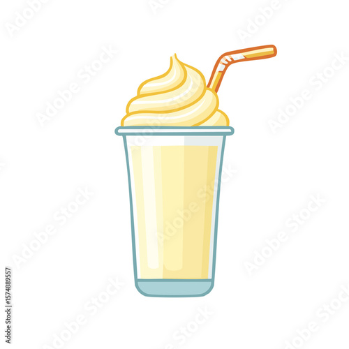 A delicious, refreshing milkshake in a clear glass, topped with whipped cream and a straw