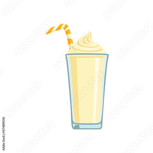A refreshing milkshake with a striped straw, the glass appears half-full, topped with a swirl of cream