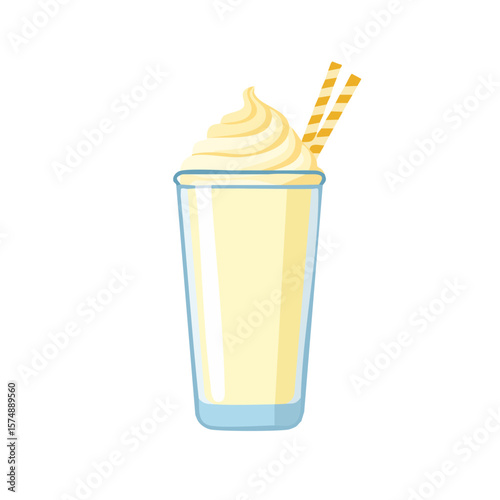 A delightful vanilla milkshake in a clear glass, garnished with whipped cream and a straw