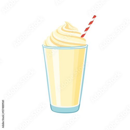 A refreshing vanilla milkshake with a straw, perfect for a hot day. The creamy milkshake sits in a tall glass, topped with a swirl of whipped cream and a straw