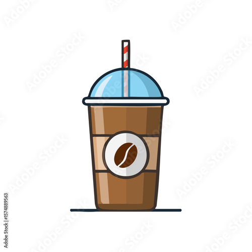 Iced coffee in a disposable cup with a straw and dome lid. Coffee bean logo on the cup.