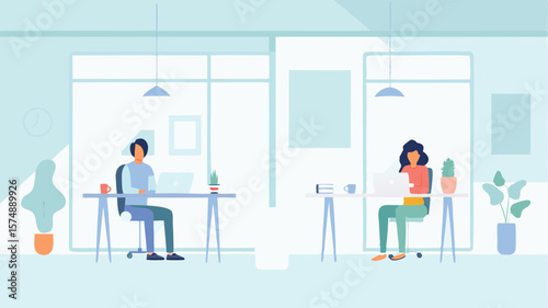 Illustration of two people working at desks in a bright office space with large windows and plants