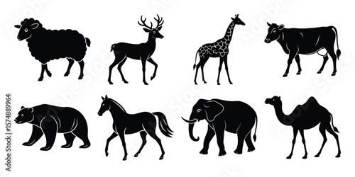 Silhouettes of various animals including a sheep, deer, and giraffe