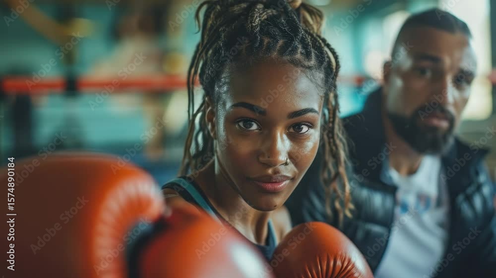 Young boxer training in gym with coach during evening session focused on technique and strategy
