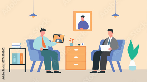 Two men in armchairs having a video call with a man in a picture frame in a room with furniture