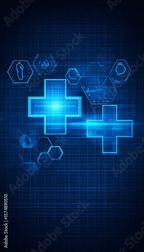 Medical crosses with blue hexagonal grid background