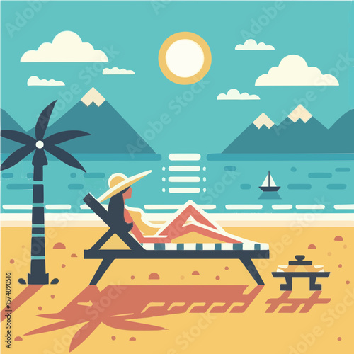 Vector illustration of a woman relaxing on a sunbed on a beach