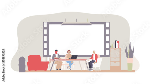 Three people sitting at a table with a laptop and books in front of a large screen in a bright room