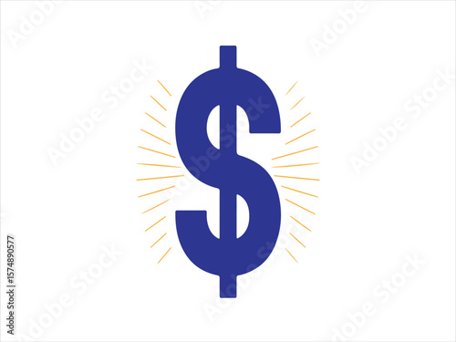 Bold blue dollar sign symbol radiating bright orange light on a white background