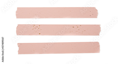 Three light pink masking tape strips with uneven torn edges and subtle texture, adorned with delicate metallic flecks, meticulously arranged horizontally on a pristine transparent background under