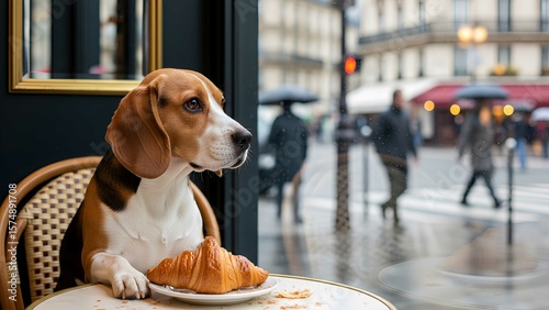 Warm beagle enjoys a croissant at a Parisian cafe on a rainy day, capturing charming, candid street life.