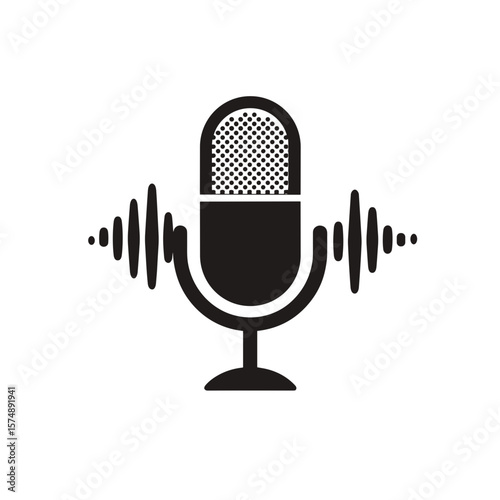 Illustration of a black microphone surrounded by soundwaves against a white background, symbolizing audio recording and broadcasting.