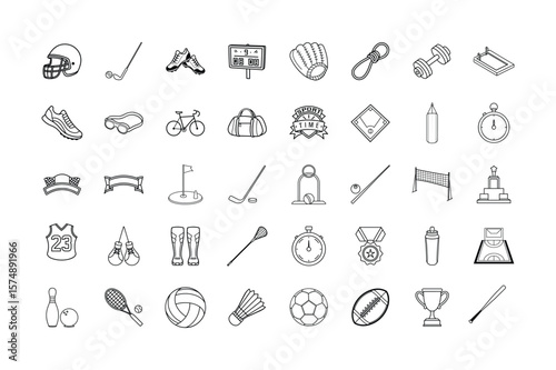 Line Art Sports Equipment and Accessories Collection Featuring Classic Athletic Gear and Game Elements for Enthusiasts