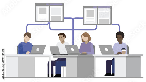 Four people working on laptops at desks connected to shared screens in a collaborative environment