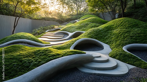Scholarly depiction of landscape design showing masterful blending of natural topography ecological balance and human centered functionality