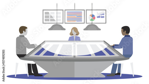 Illustration of a conference room with people sitting around a large table with screens above them