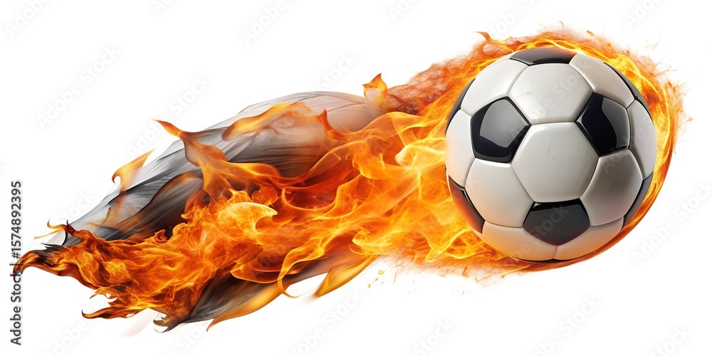 Fototapeta premium Soccer ball flying with burning fire flame ablaze, symbolizing intense competition and the heat of the game