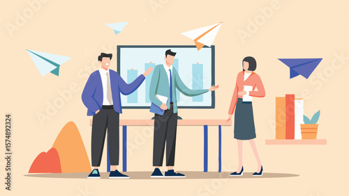 Illustration of three business people standing near a desk with flying paper airplanes around them