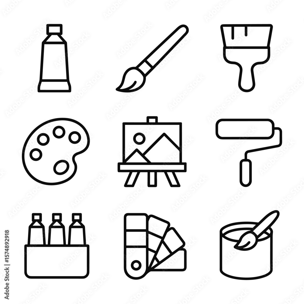 Fototapeta premium Complete artist tools icon collection for painting. Outline symbols. Line design