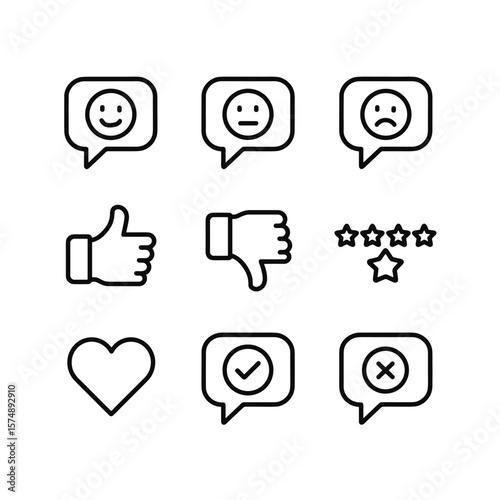 Review and rating feedback icons with survey symbols. Outline symbols. Line design
