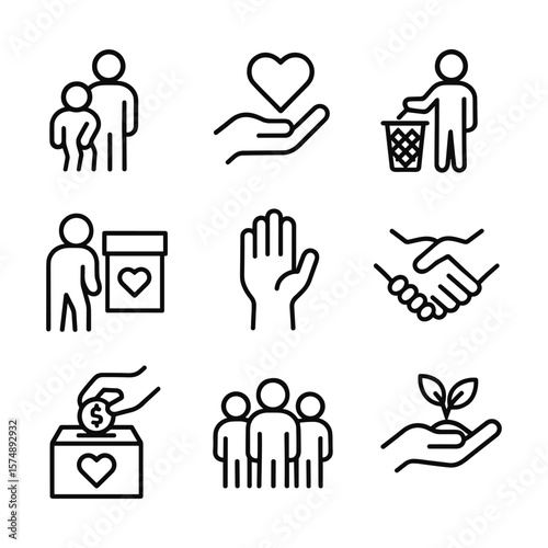 Community service icons with volunteer and help symbols. Outline symbols. Line design