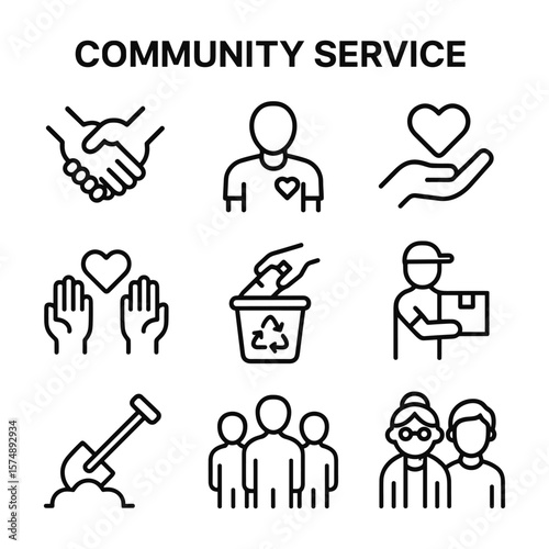 Volunteer community service icons with charity symbols. Outline symbols. Line design