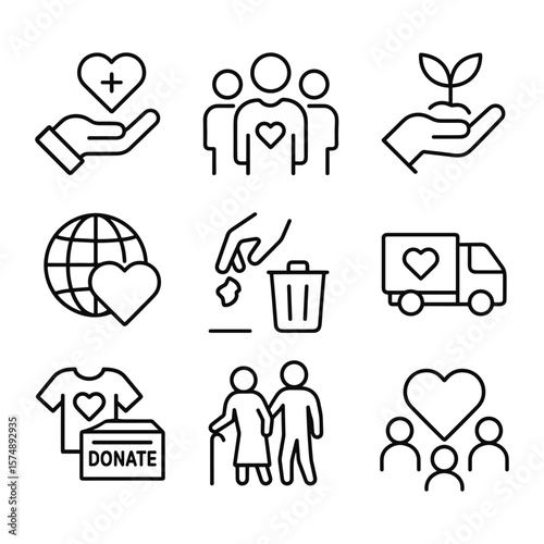 Community support icons collection with social symbols. Outline symbols. Line design