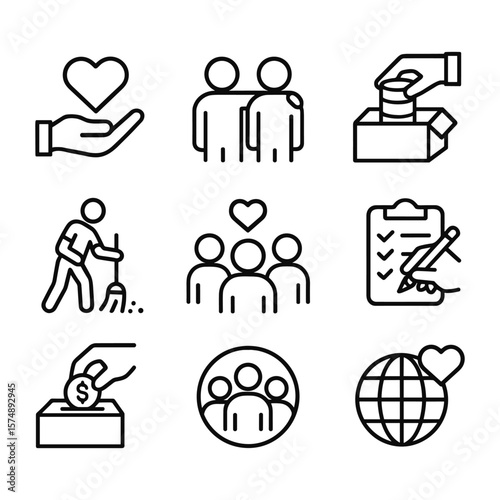 Charity community service icons with donation symbols. Outline symbols. Line design