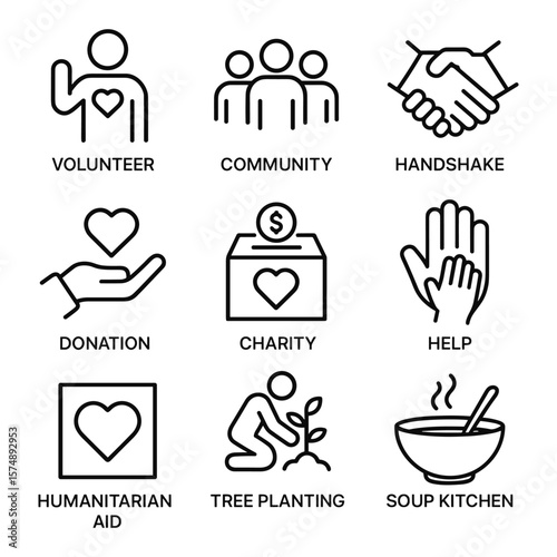 Public service community icons with helping symbols. Outline symbols. Line design