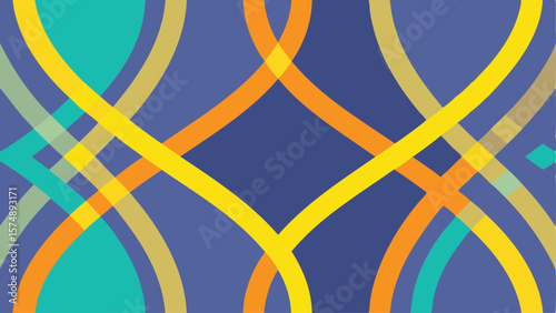Abstract background featuring intersecting curved lines in yellow orange and teal against a blue backdrop design