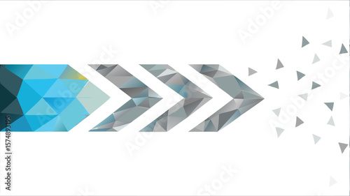 Abstract geometric pattern featuring arrows transitioning from blue to dispersed triangles on white background