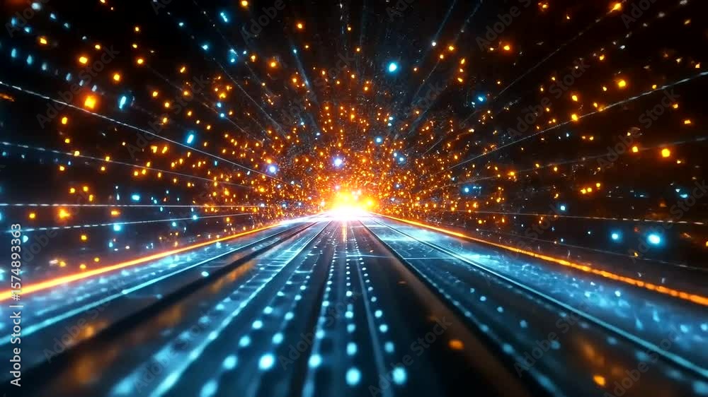 Abstract digital data stream with glowing particles and light trails in hyperspace