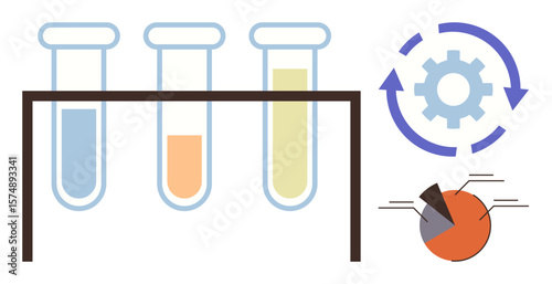 Test tubes containing colored liquids on a stand, rotating gear symbol, and data pie chart. Ideal for science, research, innovation, analysis, workflow experiment progress. Simple flat metaphor
