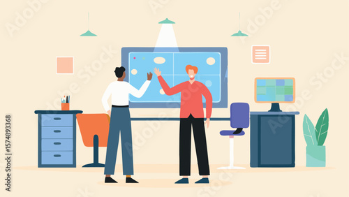 Two colleagues high fiving in a modern office space with desks and a large interactive display board