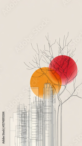 Minimalist cityscape silhouette featuring bare tree amid overlapping orange and red geometric circles, expressing urban artistic abstraction