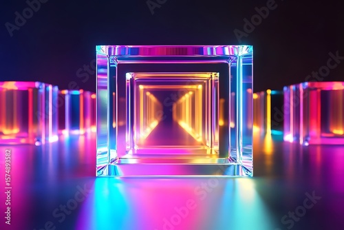 Abstract geometric tunnel of glowing glass cubes with vibrant neon pink purple and blue light reflections on a dark background