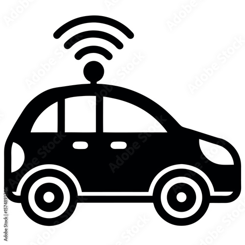 Autonomous self driving car with wifi symbol on top vehicle icon