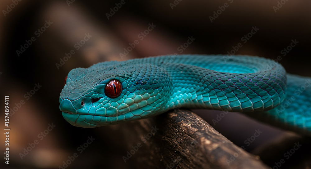 Fototapeta premium A close up of a blue snake with red eyes resting on a branch in a blurred background outdoors