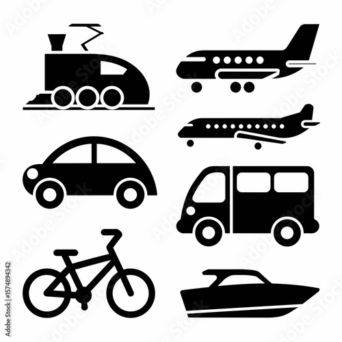 Black and white silhouette icon sheet of transportation vehicles – Suitable for signage systems, vector collections, or mobility-themed branding
