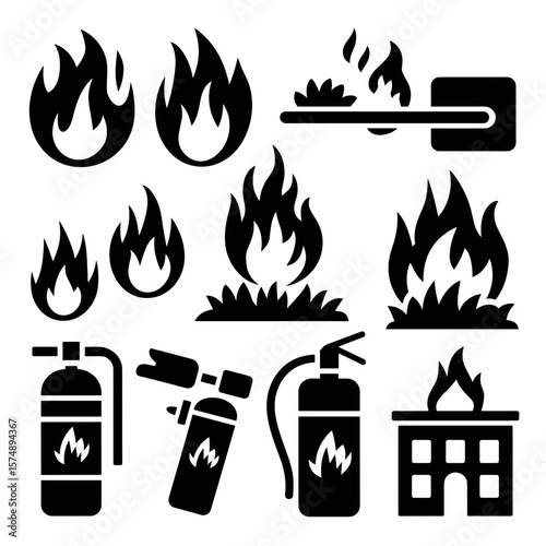 Black and white vector icon sheet with fire safety and flame illustrations