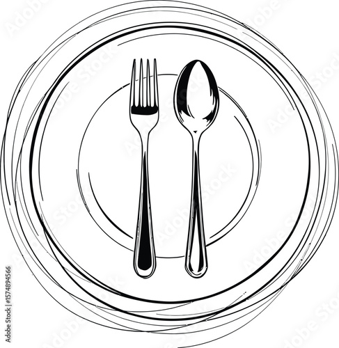 black and white hand-drawn plate with fork and spoon icon — minimalist dining symbol for culinary, hospitality, and lifestyle themes