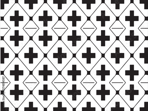 Black and white geometric pattern with plus and minus signs in a repeating tessellation