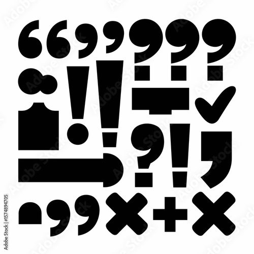 Black and white icon grid with punctuation marks and basic symbols