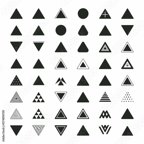 Black and white vector icon sheet of various triangle shapes – Ideal for educational materials, geometry resources, or minimalist design projects.