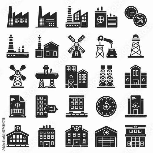 Icon sheet of industry buildings and energy structures in black and white